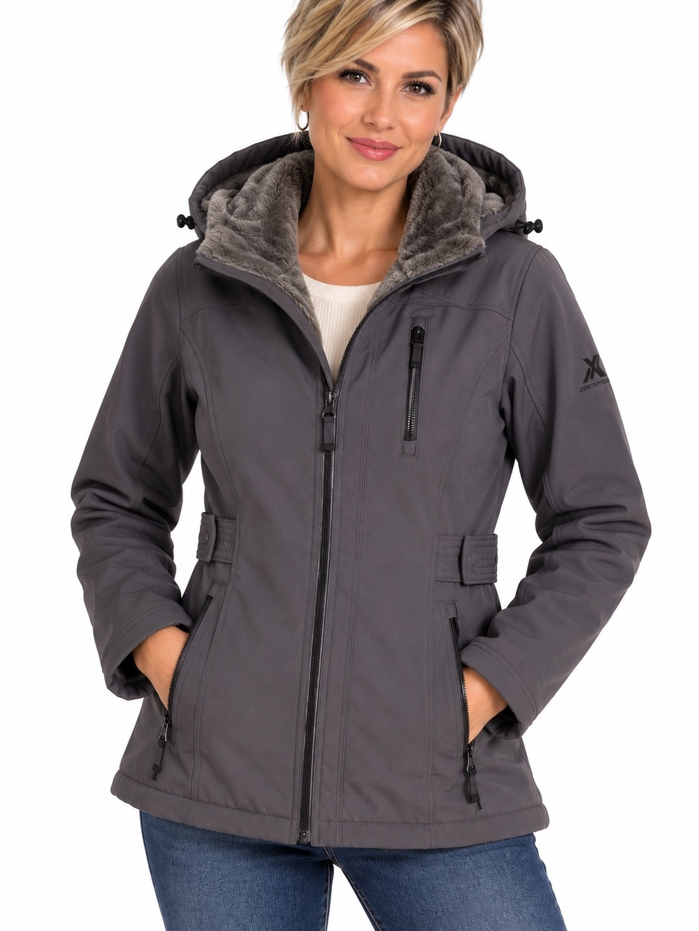 ZeroXposur Jacket Size M Gray Faux-Fur Lined Hooded Softshell